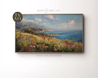 FRAME TV Art Wildflowers By The Sea | Flower Field Spring Sea Samsung Frame TV Art | Grandmillenial Pink Coastal Wall Art (Digital Download)
