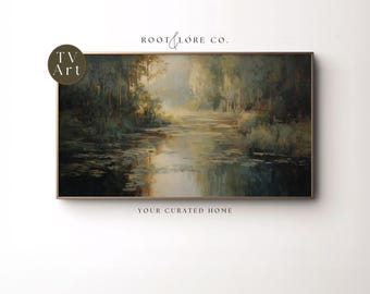 Antique Style Marshland Frame TV Art | Vintage Golden Everglades TV Art | Moody Landscape Painting Screensaver - 4K 16:9 Instant Download
