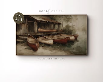 Moody Canoe Outdoors TV Art | Outdoorsy Decor | Fishing Office Decor | Lake House Screensaver | Cottagecore Samsung Frame TV Download 16x9