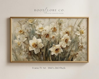 Frame TV Vintage Floral Spring Daffodils | Summer Tv Art | Spring Rustic Floral Painting | Beige Country Spring Botanical Screensaver