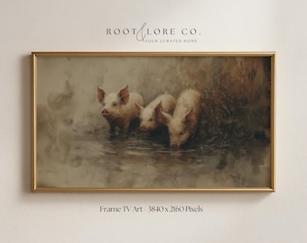 French Countryside Frame TV Art | Rustic Farmhouse Landscape with Pigs (Vintage Digital Download)