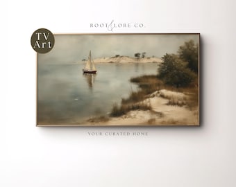 FRAME TV Peinture de paysage côtier | Art mural maison du lac | Paysage de plage océanique à télécharger | Écran de veille de style vintage