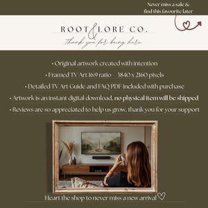 Puede incluir: La imagen muestra una impresi&oacute;n art&iacute;stica enmarcada para TV de Root & Lore Co. La obra de arte es una descarga digital instant&aacute;nea con una relaci&oacute;n de aspecto de 16:9 y una resoluci&oacute;n de 3840 x 2160 p&iacute;xeles. El texto incluye "Gracias por estar aqu&iacute;" y "Ama la tienda para no perderte ninguna novedad."