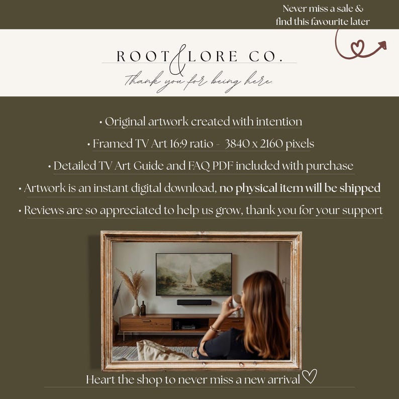 Puede incluir: La imagen muestra una impresi&oacute;n art&iacute;stica enmarcada para TV de Root & Lore Co. La obra de arte es una descarga digital instant&aacute;nea con una relaci&oacute;n de aspecto de 16:9 y una resoluci&oacute;n de 3840 x 2160 p&iacute;xeles. El texto incluye "Gracias por estar aqu&iacute;" y "Ama la tienda para no perderte ninguna novedad."
