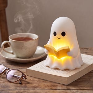 May include: A white ghost-shaped night light with black eyes and a small smile, holding an open yellow book that glows from within. The lamp sits on a closed book next to a steaming cup of tea on a saucer and a pair of brown-rimmed reading glasses.