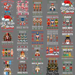 Może przedstawiać: Kolekcja świątecznych wzorów z dziadkami do orzechów i frazą "Deez Nuts" w różnych stylach i czcionkach. Projekty obejmują czapki Świętego Mikołaja, płatki śniegu i świąteczne kolory.