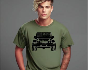 Jeep with American Flag and Trees Military Green T-Shirt