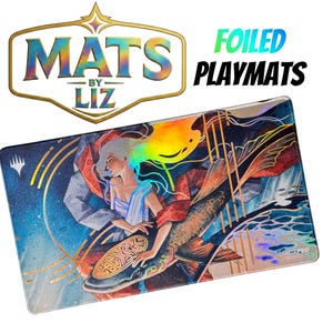 May include: A rectangular playmat featuring a holographic illustration of a figure with flowing hair embracing a large fish. The design includes gold geometric lines, blue and red accents, and the text MATS BY LIZ FOILED PLAYMATS.