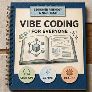 Può includere: Un quaderno a spirale con copertina blu scuro che presenta l'illustrazione di un libro aperto. Il testo recita VIBE CODING FOR EVERYONE, BEGINNER FRIENDLY & NON-TECH, CHAT GPT, GEMINI e CLAUDE, insieme a icone di una rete di cubi e web.