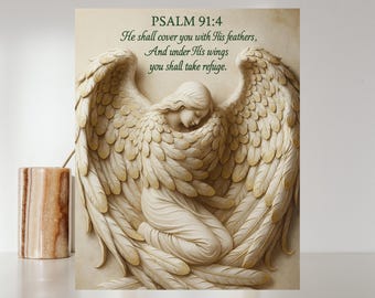 Psalm 91:4 – Wydrukowana grafika ścienna • Pod Jego skrzydłami znajdziesz schronienie • Dekoracja z Pisma Świętego • Werset biblijny z gołębicą i piórem •