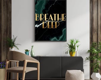 Marmurowy nadruk „Breathe Deep”: złota typografia, dekoracja inspirowana uważnością (pobranie cyfrowe)