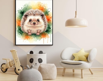 Uroczy jeż na ścianę | Akwarelowy nadruk ze zwierzętami | Cyfrowe pobieranie do pokoju dziecięcego | Plakat z leśnym stworzeniem | Dekoracja pokoju dziecięcego i baby shower