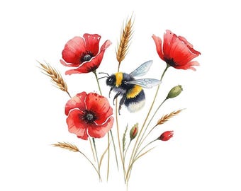 Zestaw akwarelowych clipartów z motywem pszczół Florar – 11 JPG, grafika z motywem pszczół z kwiatami, 300 DPI, natychmiastowe pobranie