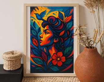 Portret kobiety w stylu boho, wydruk artystyczny: abstrakcyjny kwiatowy mural (pobranie cyfrowe)