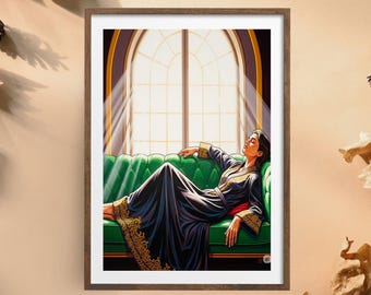 Elegancka kobieta relaksująca się na ścianie | Nowoczesny portret w słońcu | Luksusowy wystrój domu do pobrania