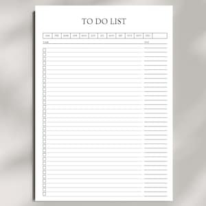Peut inclure: Une liste de tâches imprimable blanche avec le texte "TO DO LIST" en haut. La liste comprend des cases pour les dates et les tâches. Les mots "INSTANT DOWNLOAD PRINTABLE TO DO LIST" sont en haut. Le bas de la page indique "A4 A5 LETTER & HALF LETTER | PRINTABLE PDF MADE BY ROSYMAGASIN".