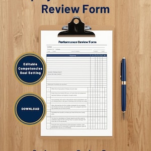 May include: A clipboard with a performance review form, a blue pen, and two circular buttons that say "Editable Competencies Goal Setting" and "DOWNLOAD" on a wooden surface. The text "Employee Performance Review Form" is at the top.