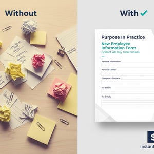Peut inclure: Image divisée en deux parties : un bureau en désordre avec des papiers froissés et des post-it, et un formulaire propre intitulé "New Employee Information Form". Le formulaire comprend des champs pour les informations personnelles.