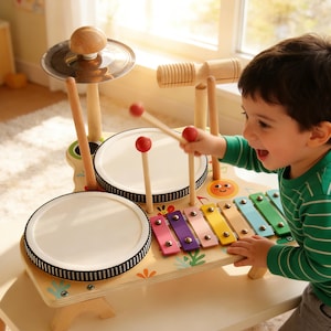 May include: Wooden toy drum set with a cymbal, two drums, and a xylophone. The drums have black and white striped rims. The xylophone has colorful keys. The set is on a light-colored wooden base.