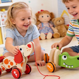 以下が含まれることがあります： 2 人の子供が木製の引っ張りおもちゃで遊んでいます。一人は赤とオレンジのアクセントが付いたクリーム色の犬を持ち、もう一人は緑色のワニで遊んでいます。どちらのおもちゃにも赤い車輪があり、紐でつながっています。