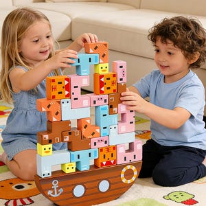 Puede incluir: Un barco de juguete de madera con bloques coloridos con caras de animales. Los bloques son de varias formas y colores, incluyendo naranja, azul, rosa y marrón. El barco tiene un ancla y portillos. Dos niños están jugando con el juguete.