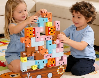 Cute Kitten Handmade Wooden Stacking Blocks | Balance Game for Toddlers | Christening and Birthday Gift | Handcrafted