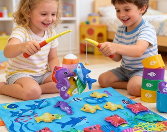 Magnetisches Angelspiel für Kleinkinder | Filz Fisch Puppe Spielzeug Set (mit Angelrute) | Montessori Reise Geschenk Set (22 Teile)