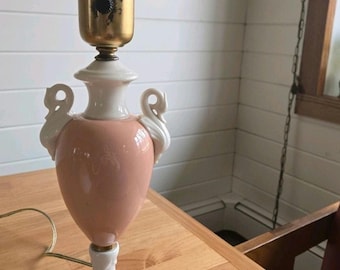 Vintage Swan Lamp Pink White Porcelain Boudoir Table Lamp Granny Cottage Core