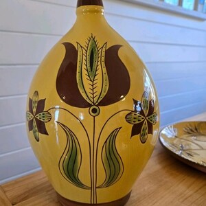 Redware Pottery Jug Folkart Floral Yellow Brown Unsigned 11.5" Primitive Vintage