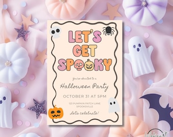 May include: A Halloween party invitation with the text "Let's Get Spooky" in orange and pink. The invitation is surrounded by decorative pumpkins, stars, and ghosts in shades of white, purple, and peach.