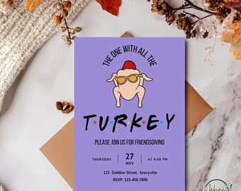 Plantilla de invitación para fiesta de Acción de Gracias con temática de Friends (Editable en Canva, descarga imprimible)
