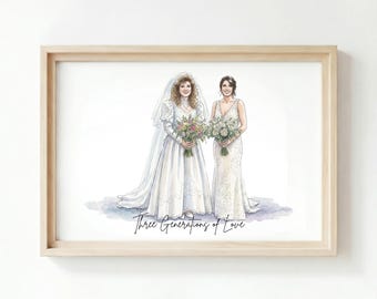 Retrato de novia de dos generaciones / Pintura de boda madre-hija / Obra de arte nupcial personalizada