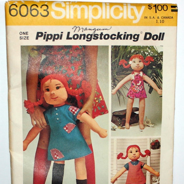 Vintage Pippi Longstocking Doll Pattern Simplicity 6063, Sewing Pattern