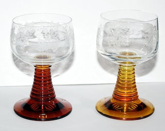 Vintage Bernstein Bienenstock Stiel Gläser geätzte Weinblätter