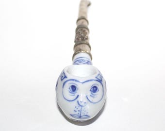 Vintage Thai Porcelain Monkey Pipe Incense Burner Blue and White Silver