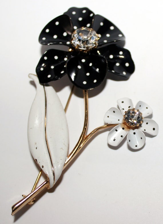 Vintage Avon Black and White Gold Flower Brooch, … - image 1