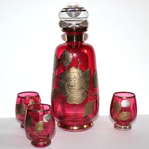 Vintage Bohemian Czech Cranberry Gold Rose Crystal Glass Decanter Shot Glasses