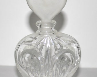 Bouteille de parfum en verre d'art vintage, décor de vanité, bouchon en verre coeur givré