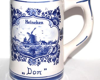 Vintage Blue Delft Hand Painted Holland Heineken Beer Mug Bar Decor