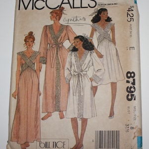 May include: A vintage McCall's sewing pattern envelope for a women's nightgown or robe. The pattern is for sizes 8-18 and includes a bust measurement of 31 1/4 inches. The envelope features a line drawing of three women wearing the garments. The pattern is titled "Cynthia" and is designed by Bill Tice.