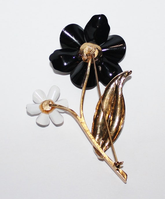 Vintage Avon Black and White Gold Flower Brooch, … - image 5