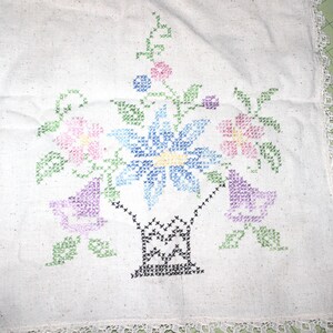 Vintage Hand Embroidered Cross Stitch Flower Basket Table Runner Crocheted Edge