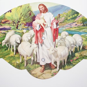 Vintage Funeral Fan, 50s Jesus with Lambs Fan, Koening Funeral Home La Grange Texas