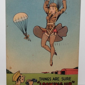 Carte postale vintage des années 1940, lin, parachutistes, femmes, bande dessinée, aviation
