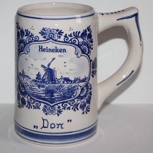 Vintage Blue Delft Hand Painted Holland Heineken Beer Mug Bar Decor