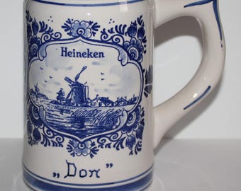 Vintage Blue Delft Hand Painted Holland Heineken Beer Mug Bar Decor