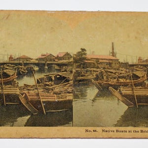 Antique Stereoview Native Boats Bridge Yokohama Japan
