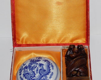 Vintage Asian Seal Carved Stone Double Dragon Stamp Ink with Box