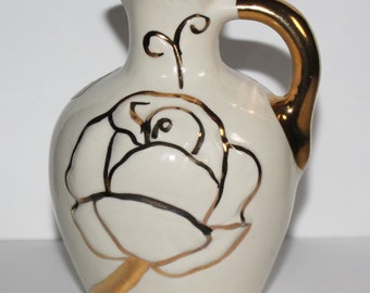 Vintage Gold Flower Hand Painted Pitcher Bud Vase 22 Karat Gold