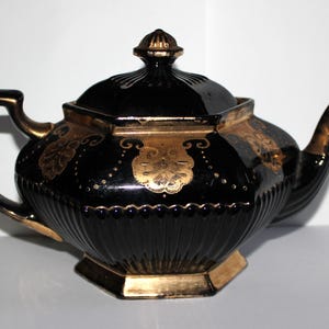 Vintage Art Deco Style Hexagon Black and Gold Teapot Ornate